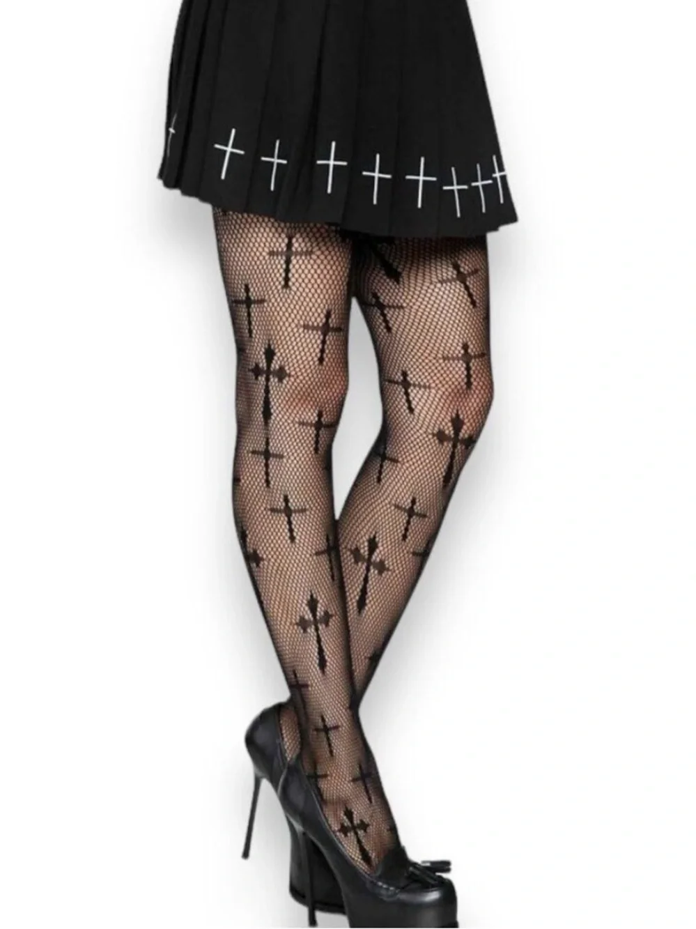 Black Worship Me Cross Fishnet Tights Stockings Goth Punk NWT